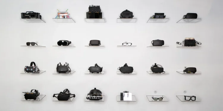 wall of meta VR prototype HMDs